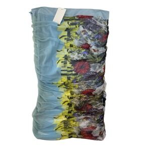 Versace Women Mini Skirt Ruched Mesh Floral Geometric Light Blue Italian Size 42